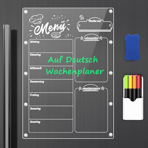 MoKo Magnetischer Wochenplaner für Kühlschrank, 42,5cm x 30cm Deutsch Acryl Wochenplaner Menütafel, Menüplaner Speiseplaner Abwischbar mit 6 Markern, 1 Radiergummi, 1 Halter, Transparent von MoKo