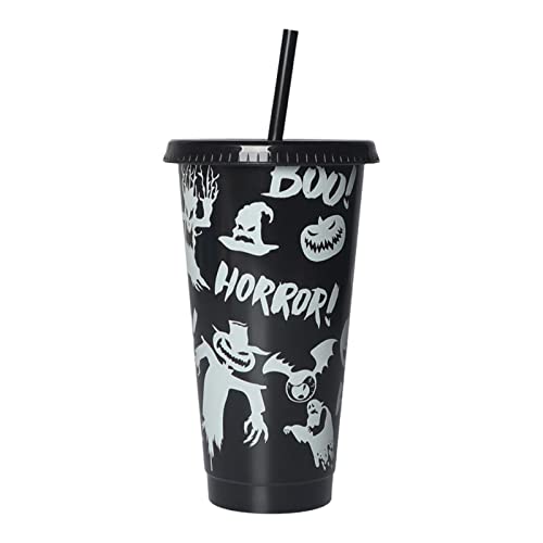 Moageme Halloween Trinkbecher mit Deckel und Strohhalm, 710 ml Halloween Partybecher im Dunkeln leuchtender Becher mit Boo Horror Kürbis Fledermaus Geistermustern, für Halloween, Zuhause, Bar von Moageme