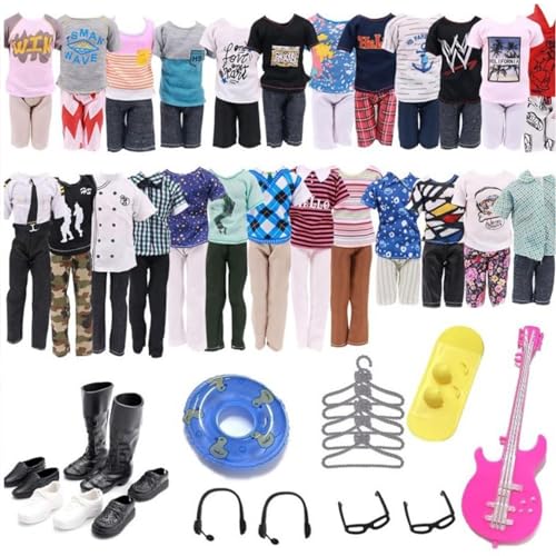 21PCS Kleidung für Jungen Puppen,Kleidung und Zubehör für Ken,5 Sets Mode Freizeitkleidung Kleidung Outfit,4 Paar Schuhe 1 Schwimmrad 1 Gitarre 1 Surfbrett 2 Brillen 2 Kopfhörer,für 30cm Jungen Puppen von Moairtog