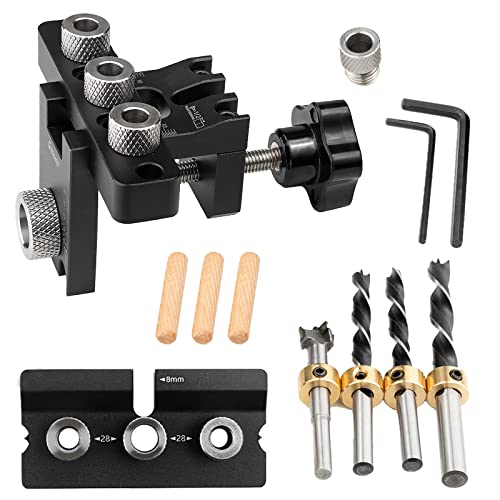 Doweling Jig Kit, 2023 Neu 3-in-1 Pocket Hole Jig Kit 8/10/15mm Bohrschablone für die Holzbearbeitung Taschenloch Jig Kit Werkzeug mit Positionierungsclip Einstellbare Bohrführung Puncher Locator von Mocoli