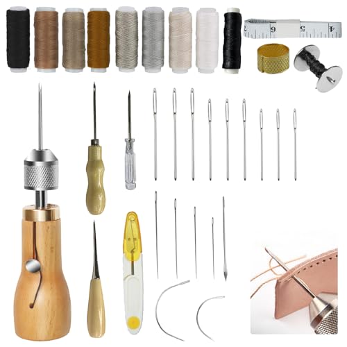 Mocrop 34 Stück Leder Nähen Set Leder Nähset Nähset mit Nähnadeln Nähgarn für Reparaturen DIY Lederhandwerk Leder Nähwerkzeug mit 16Pcs Nadel für Reparaturen, Handnähen, DIY-Lederhandwerk von Mocrop