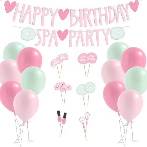 Spa Party Dekorationen Set, 12 Cupcake Topper, 2 Banner "Happy Birthday" und "Spa Party", 12 Luftballons von Modern Whimsy