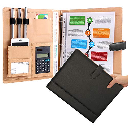 Professionelle Ledermappe mit Taschenrechner, Padfolio mit 3 Ringbüchern, für Herren 12.6"L x 10.2"W x 1"H schwarz von Modileben