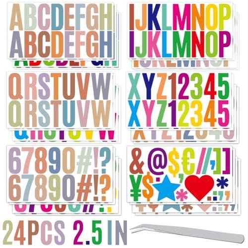 Modixun 24 Blatt große 6,3 cm Buchstaben-Aufkleber, bunte Alphabet-Aufkleber, wasserdicht, Vinyl, selbstklebende Zahlen, ABC-Aufkleber, Buchstaben für Pinnwand, Briefkasten von Modixun