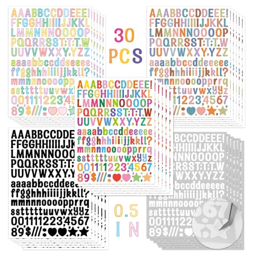 Modixun 30 Blatt 1,3 cm Buchstaben-Aufkleber, bunte Alphabet-Aufkleber, wasserdicht, Vinyl, selbstklebende Zahlen, ABC-Aufkleber, Buchstaben für Sammelalben, Wasserflaschen von Modixun