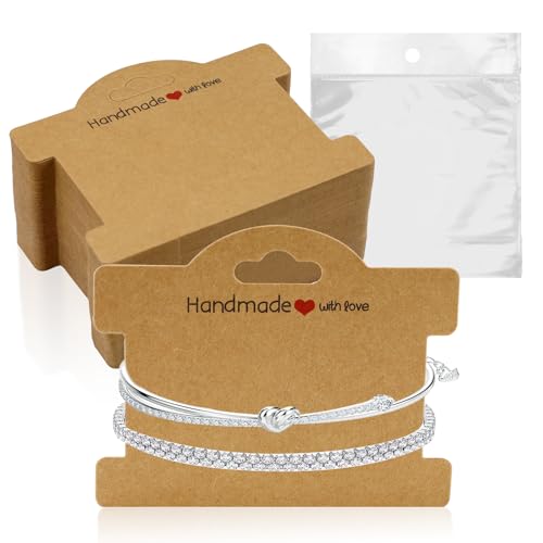 Modixun Armband-Display-Karten mit transparenten Beuteln, Armbandverpackung für kleine Unternehmen, hängende Schmuck, Armband, Business-Zubehör für den Verkauf von Armbändern, Braun, 70 Stück von Modixun