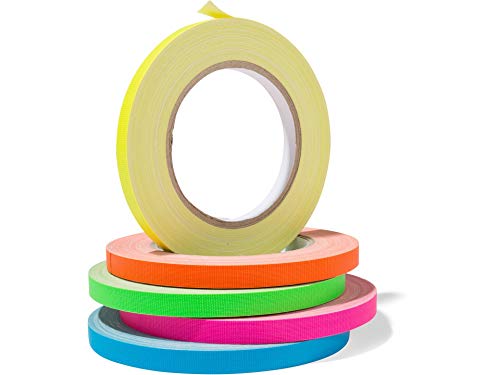 Modulor Gewebeband Gaffa, neonfarbenes Klebeband-Set aus PE-beschichtetem Gewebe, stark haftendes Gaffa-Tape mit Naturkautschuk, 5 Rollen 10 mm x 25 m, blau, gelb, orange, grün, pink von Modulor