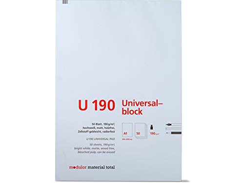 Modulor Universalblock U190, Zeichenblock DIN A1 mit 30 Blatt (blanko), Skizzenblock aus hochweißem Papier mit matter Oberfläche, 190 g/m², 594 X 840 mm von Modulor