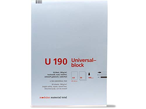 Modulor Universalblock U190, Zeichenblock DIN A3 mit 50 Blatt (blanko), Skizzenblock aus hochweißem Papier mit matter Oberfläche, 190 g/m², 297 X 420 mm von Modulor