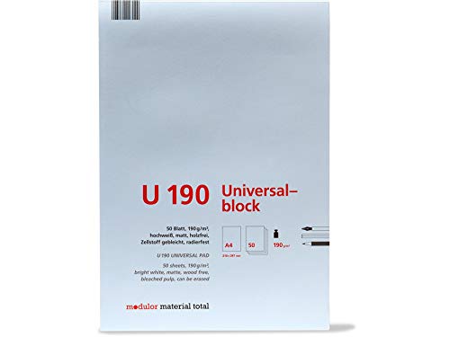 Modulor Universalblock U190, Zeichenblock DIN A4 mit 50 Blatt (blanko), Skizzenblock aus hochweißem Papier mit matter Oberfläche, 190 g/m², 210 x 297 mm von Modulor