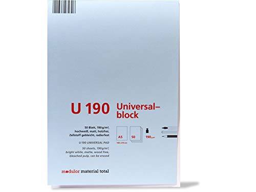 Modulor Universalblock U190, Zeichenblock DIN A5 mit 50 Blatt (blanko), Skizzenblock aus hochweißem Papier mit matter Oberfläche, 190 g/m², 148 X 210 mm von Modulor