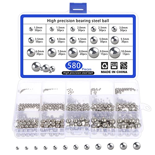 Moendergo 580 Stück 1–10 mm Kugellager, Stahlkugeln, metrische Präzision, 15 Größen, 304 Edelstahl-Kugellager, verschiedene lose Fahrradlager, Stahlkugel für Fahrrad-Rad-Ersatzteile von Moendergo