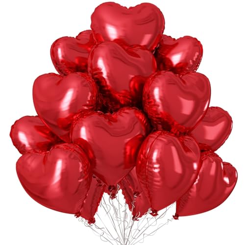 Moguri 10 Stück Herz Luftballons, 18 Zoll Rote Herz Folienballons Mit Silbernem Band, Premium Qualität Für Geburtstag, Valentinstag, Hochzeit Und Jubiläum von Moguri