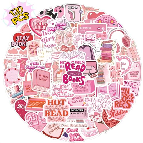 Moguri 120 Stück Rosa Buchaufkleber, Ästhetische Vinyl Sticker Set für Laptop, Skateboard, Wasserflasche, Buchliebhaber, Geschenk für Kinder, Mädchen, Frauen, Book Merch Aufkleber für Scrapbook von Moguri