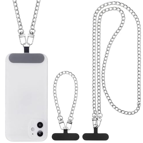 Moguri 2er Set Handy Umhängekette aus Silber, 30cm und 120cm, mit 4 Schwarzen Patches, Universelle Smartphone Halterung für alle Modelle, Ideal für Reisen, Outdoor Aktivitäten von Moguri