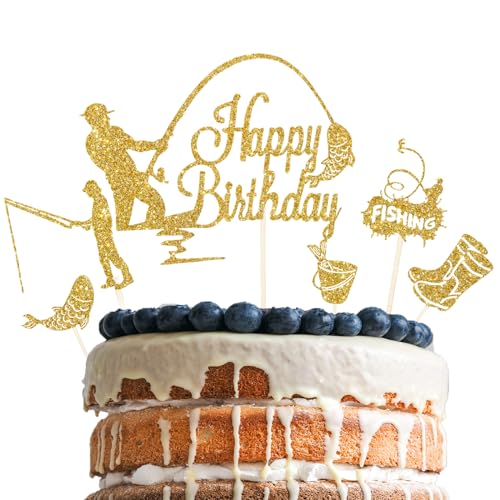 Moguri 6 Stücke Angler Cake Topper, Happy Birthday Tortendeko Fische Angeln Deko Geburtstag, Angler Tortenaufleger für Kuchen DIY Deko für Jungen Mann Geburtstagsparty,Gold von Moguri