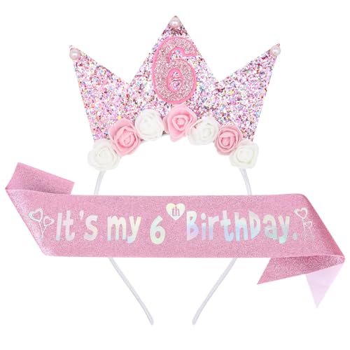 Moguri Geburtstagskrone Für Mädchen, 2er-Set Stirnband Und Glitzernde Schärpe, Perfekte Krone Zum 6. Geburtstag In Pink, Für Kindergeburtstag von Moguri