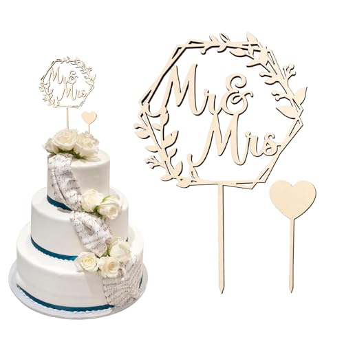 Moguri Hochzeitstorte Deko Holz, inklusive "Mr und Mrs" Tortenstecker und Herz Cake Topper zum Beschriften,Verlobungen,Personalisierte Kuchendekoration für Hochzeiten von Moguri