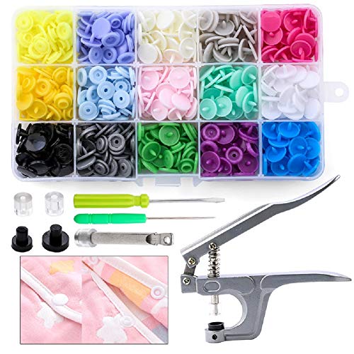 NC Snaps Zange mit 150 Set T5 Druckknöpfe in 15 Farben Nähfrei Druckknopf Snaps druckknöpfe Set Plastikdruckknöpfe für DIY Basteln Zum Nähen(Zange für T3, T5, T8) von Moguxb