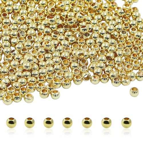 Moicstiy 300 Stück 18 Karat Goldperlen, 2 mm Gold gefüllte Abstandshalter, kleine runde Perlen, Messing lose Perlen für Schmuckherstellung von Moicstiy