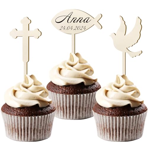 12 Stück Holz Cupcake Toppers Kommunion, Tortendeko Konfirmation Mädchen, Holz Fische Taube Kreuz Cake Topper Kommunion Taufe Deko für Erstekommunion Deko Junge, Taufe Party Dekoration (Mix) von Moitkptt