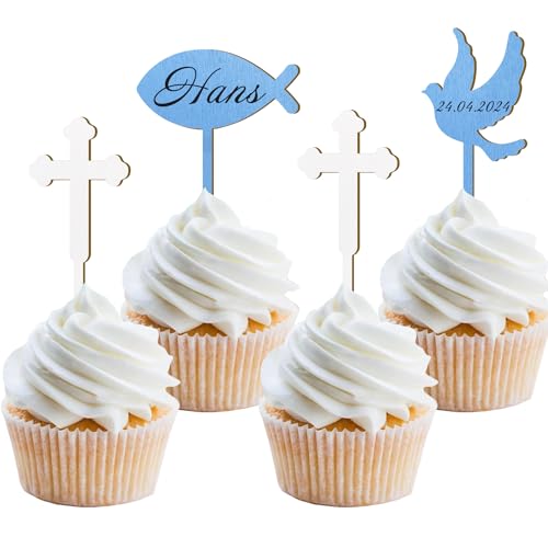 12 Stück Holz Cupcake Toppers Kommunion Junge, Tortendeko Konfirmation Junge, Holz Fische Taube Kreuz Cake Topper Kommunion Taufe Deko für Erstekommunion Deko, Taufe Party Dekoration (Mix Blau) von Moitkptt