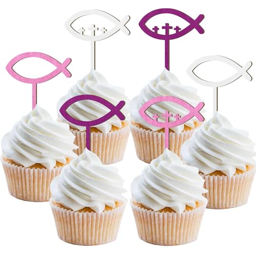 12 Stück Holz Cupcake Toppers Kommunion Mädchen, Tortendeko Konfirmation Mädchen, Holz Fische Cake Topper Kommunion Taufe Deko für Erstekommunion Deko, Taufe Party Dekoration (Fisch Rose) von Moitkptt