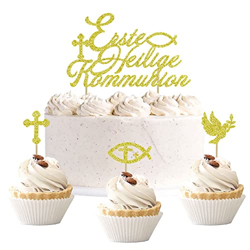 13 Stück Glitzer Tortendeko Kommunion, Cake topper kommunion, Taufe deko für Erste Heilige Kommunion, Tortendeko taufe Kommunion Konfirmation (Gold) von Moitkptt