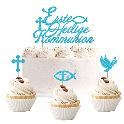 13 Stück Glitzer Tortendeko Kommunion junge, Cake topper kommunion, Taufe deko für Erste Heilige Kommunion, junge Tortendeko taufe Kommunion Konfirmation (Blau) von Moitkptt