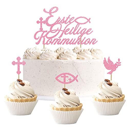 13 Stück Glitzer Tortendeko Kommunion mädchen, Cake topper kommunion, Taufe deko für Erste Heilige Kommunion, Mädchen Tortendeko taufe Kommunion Konfirmation (Rose) von Moitkptt