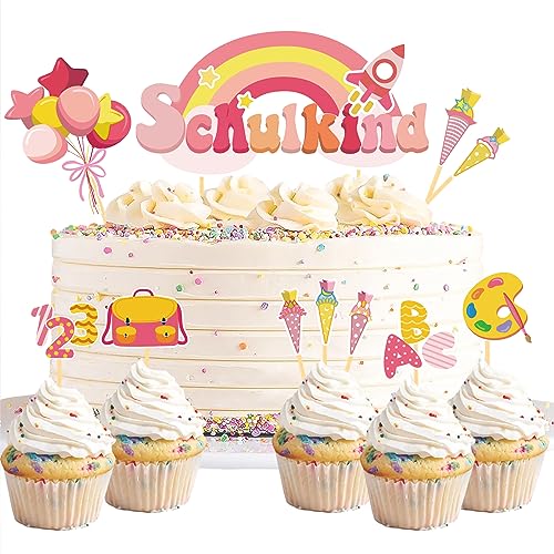 20 Stück Schulanfang Tortendeko, Tortendeko Einschulung, Schuleinführung deko Cupcake Topper für Schulkind, Junge und Mädchen Schulanfang Party Dekoration (Rosa Regenbogen) von Moitkptt