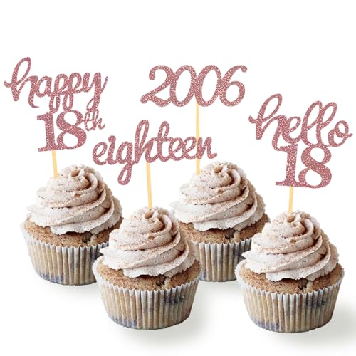 24 Stück Glitzer 18. Geburtstag Cupcake Topper, Geburtstagsdeko 18 von 2006 für 18. Geburtstag Junge, 18 Geburtstagsfeier Zubehör Party Dekoration Kuchendekoration (Rose Gold) von Moitkptt