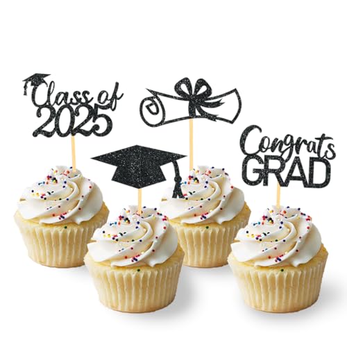 24 Stück Glitzer 2025 Graduation Cupcake Toppers, Abschluss Deko, Bachelor Hut Deko für Abschlussfeier Party, Graduation Dekoration (Schwarz) von Moitkptt