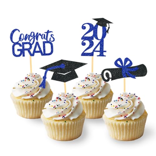 24 Stück Glitzer 2025 Graduation Cupcake Toppers, Abschlussfeier Cupcake toppers, Bachelor Hut Deko, Abschluss Deko für Graduation Abschlussparty Dekoration (schwarz & blau) von Moitkptt