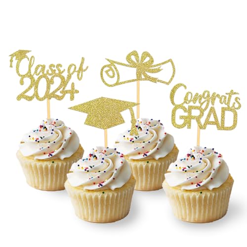 24 Stück Glitzer 2025 Graduation Cupcake Toppers, Abschluss Deko, Bachelor Hut Deko für Abschlussfeier Party, Graduation Dekoration (Gold) von Moitkptt