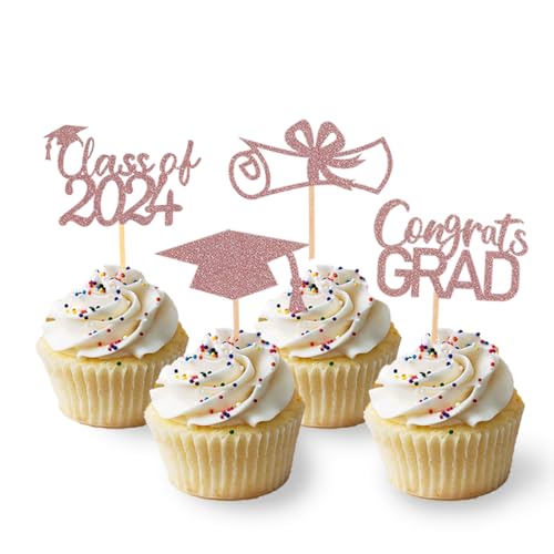 24 Stück Glitzer 2024 Graduation Cupcake Toppers, Abschluss Deko, Bachelor Hut Deko für Abschlussfeier Party, Graduation Dekoration (Rosegold) von Moitkptt