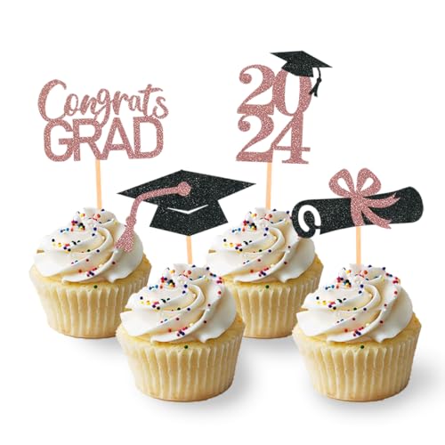 24 Stück Glitzer 2025 Graduation Cupcake Toppers, Abschlussfeier Cupcake toppers, Bachelor Hut Deko, Abschluss Deko für Graduation Abschlussparty Dekoration (schwarz & rosegold) von Moitkptt