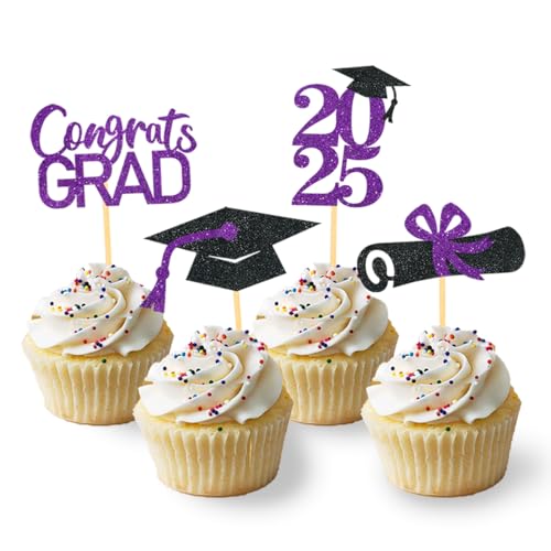 24 Stück Glitzer 2025 Graduation Cupcake Toppers, Abschlussfeier Cupcake toppers, Bachelor Hut Deko, Abschluss Deko für Graduation Abschlussparty Dekoration (schwarz & lila) von Moitkptt