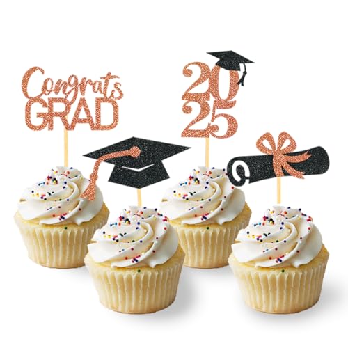 24 Stück Glitzer 2025 Graduation Cupcake Toppers, Abschlussfeier Cupcake toppers, Bachelor Hut Deko, Abschluss Deko für Graduation Abschlussparty Dekoration (schwarz & orange) von Moitkptt