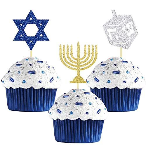 24 Stück Glitzer Chanukka Cupcake Toppers, Hanukkah Kuchendeko, Leuchter Hexagramm Cupcake Toppers für Chanukka Party Deko, Jüdisches, Judentum Party Deko von Moitkptt