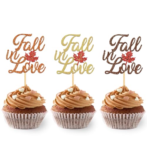 24 Stück Glitzer Fall in Love Cupcake Toppers, Herbst Kuchendeko, Ahornblätter Tortendeko für Erntedankfest, Herbst Bride Brautdusche Heiratsantrag deko, Verlobung Hochzeit Dekoration (3 Fall) von Moitkptt