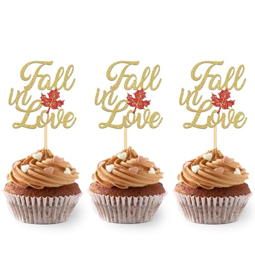 24 Stück Glitzer Fall in Love Cupcake Toppers, Herbst Kuchendeko, Ahornblätter Tortendeko für Erntedankfest, Herbst Bride Brautdusche Heiratsantrag deko, Verlobung Hochzeit Dekoration (Gold) von Moitkptt