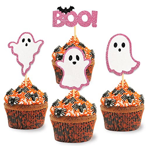 24 Stück Glitzer Halloween Cupcake Topper, Geist Kuchendeko, Halloween Baby Shower Tortendeko für Halloween Party, Babyparty, Baby Shower, Geschlecht verkünden, Schwangerschaft Dekoration (Rosa) von Moitkptt