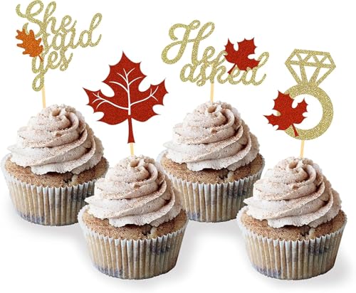 24 Stück Glitzer He Asked She Said Yes Cupcake Toppers, Herbst Kuchendeko, Diamantring Ahornblätter Tortendeko für Herbst Bride Brautdusche Heiratsantrag deko, Verlobung Hochzeit Dekoration (He Asked) von Moitkptt