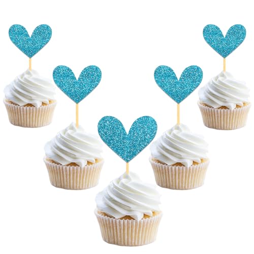 24 Stück Glitzer Liebe Herz Cupcake Toppers, Valentinstag Tortendeko, Hochzeit Gemischte Größe Kuchendeko für Valentinstag Jahrestag Braut Geburtstag Heiratsantrag Verlobung Party Deko (Blau) von Moitkptt