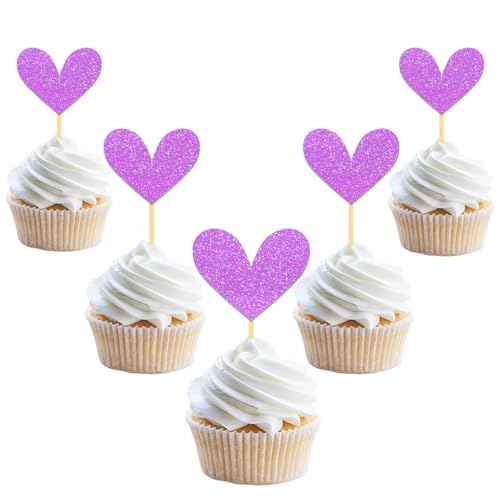 24 Stück Glitzer Liebe Herz Cupcake Toppers, Valentinstag Tortendeko, Hochzeit Gemischte Größe Kuchendeko für Valentinstag Jahrestag Braut Geburtstag Heiratsantrag Verlobung Party Deko (Lila) von Moitkptt