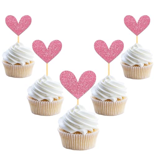 24 Stück Glitzer Liebe Herz Cupcake Toppers, Valentinstag Tortendeko, Hochzeit Gemischte Größe Kuchendeko für Valentinstag Jahrestag Braut Geburtstag Heiratsantrag Verlobung Party Deko (Pink) von Moitkptt