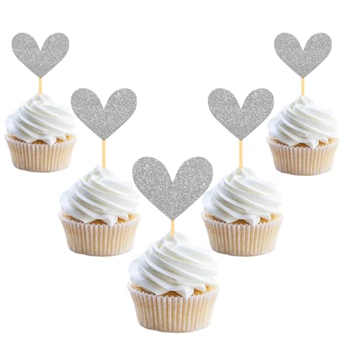 24 Stück Glitzer Liebe Herz Cupcake Toppers, Valentinstag Tortendeko, Hochzeit Gemischte Größe Kuchendeko für Valentinstag Jahrestag Braut Geburtstag Heiratsantrag Verlobung Party Deko (Silber) von Moitkptt