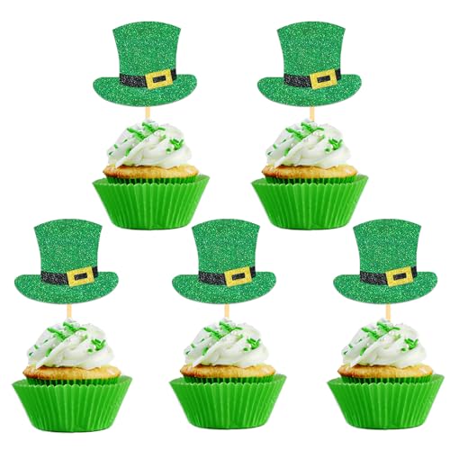 24 Stück Glitzer St. Patrick's Day Hut Cupcake Toppers, St. Patrick's Day Kuchendeko für Irische St Patricks Day Party Dekoration (Hut) von Moitkptt