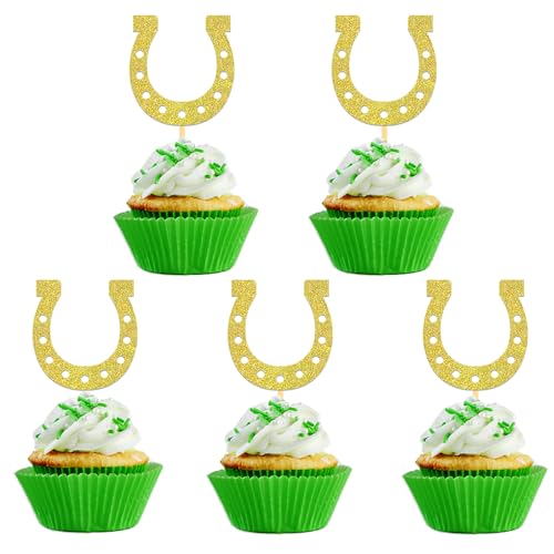 24 Stück Glitzer St. Patrick's Hufeisen Day Cupcake Toppers, Glitzer Hufeisen Muffin Deko, St. Patrick's Day Kuchendeko für Irische St Patricks Day Party Dekoration (Hufeisen) von Moitkptt